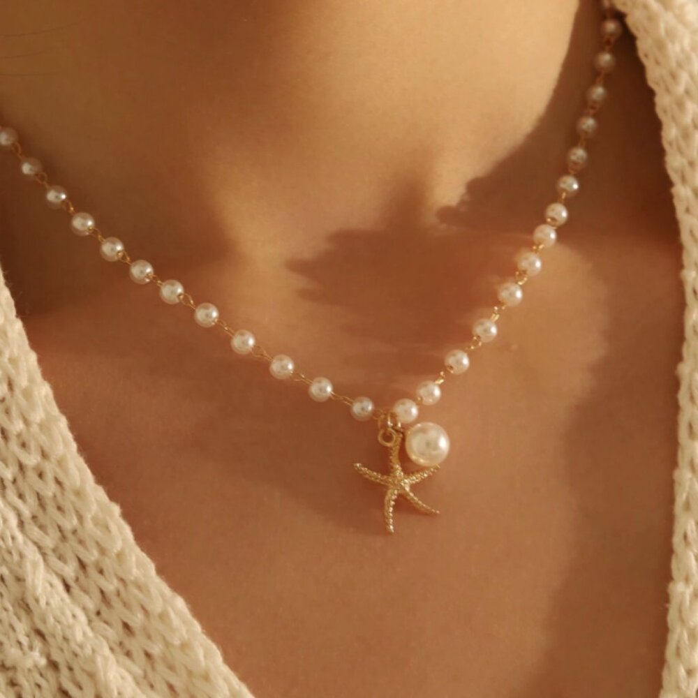 Bimini Beachwear Gold Starfish & Pearl Beaded Necklace – Coastal Beach Jewelry
